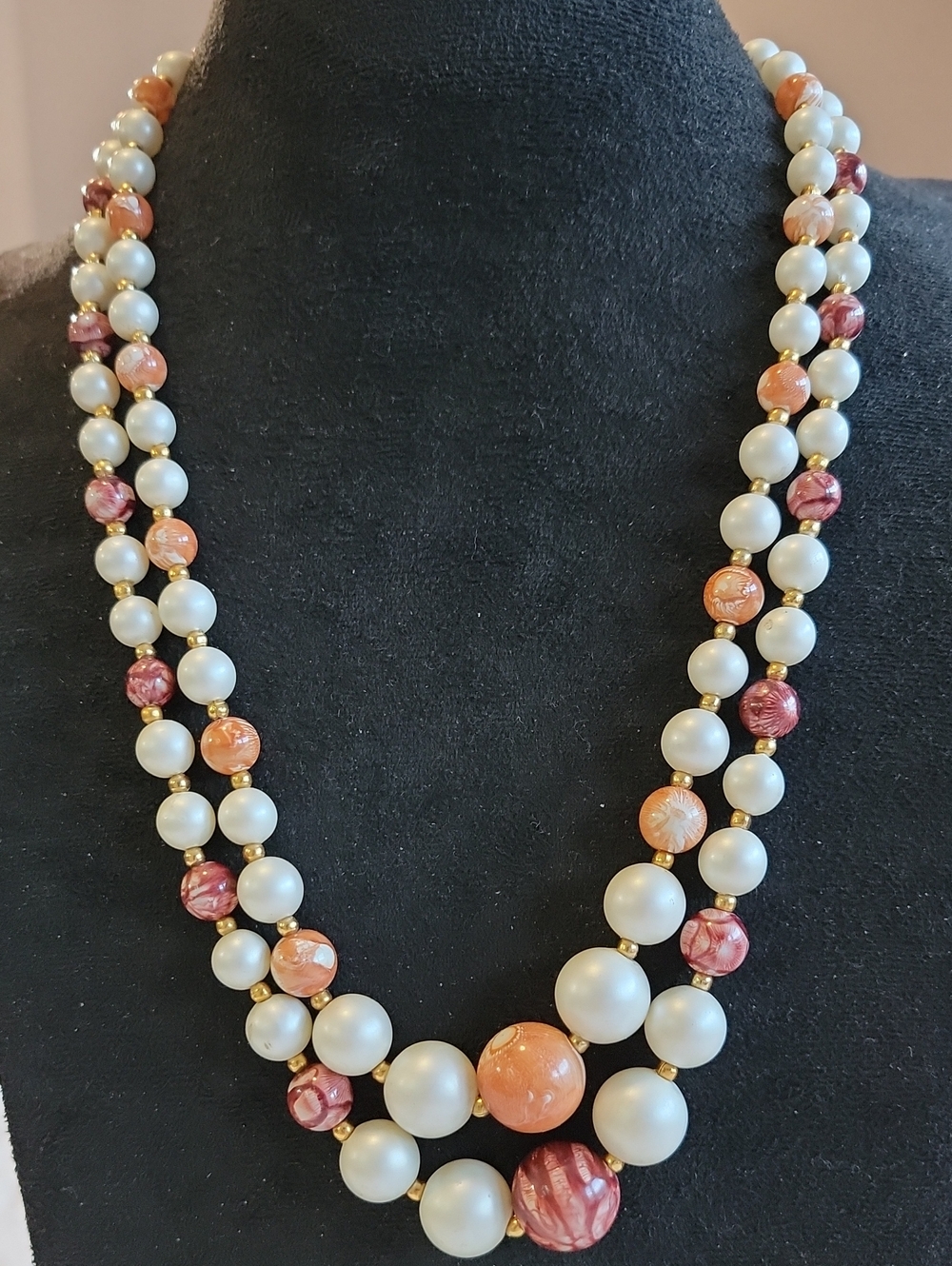 Vintage Pearl and Coral-tone Beaded Double Strand Necklace